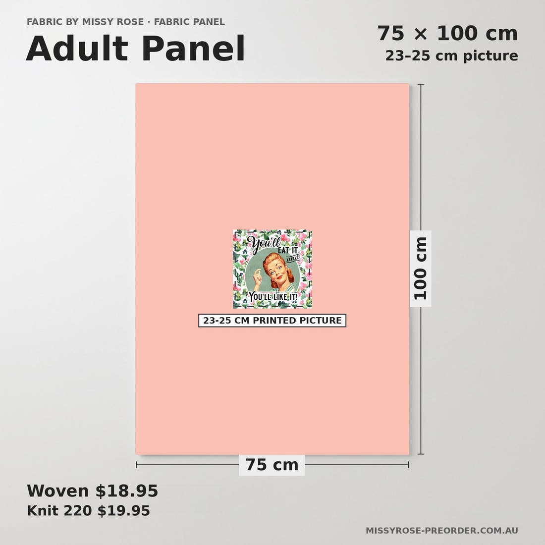 Design 1096 Cooking Panel adult panel sizing – 23–25 cm printed picture on 75 × 100 cm fabric | Fabric by Missy Rose