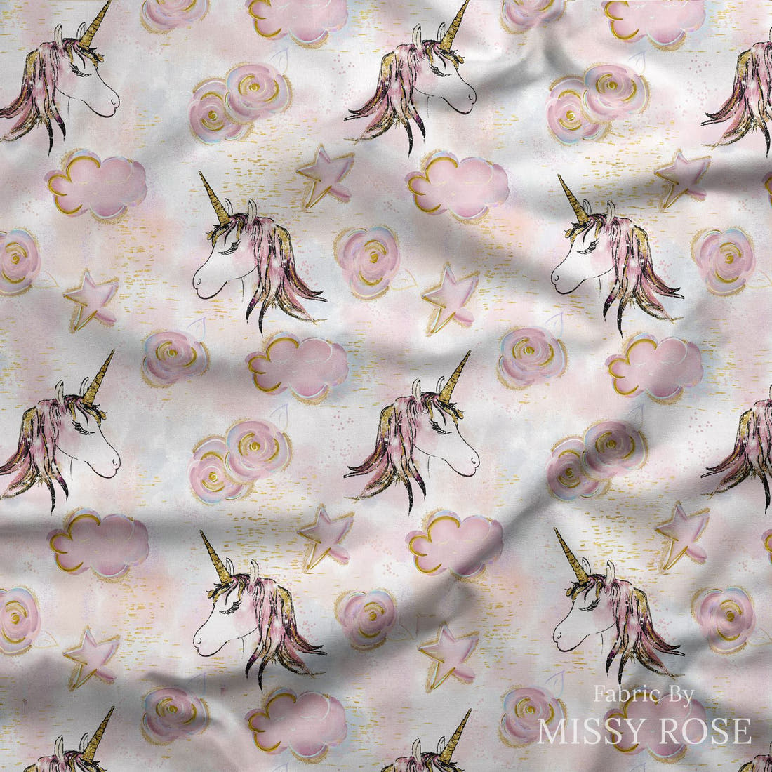 Design 1097 Unicorn Cloud Fabric draped fabric mockup – custom printed fabric by the metre | Fabric by Missy Rose