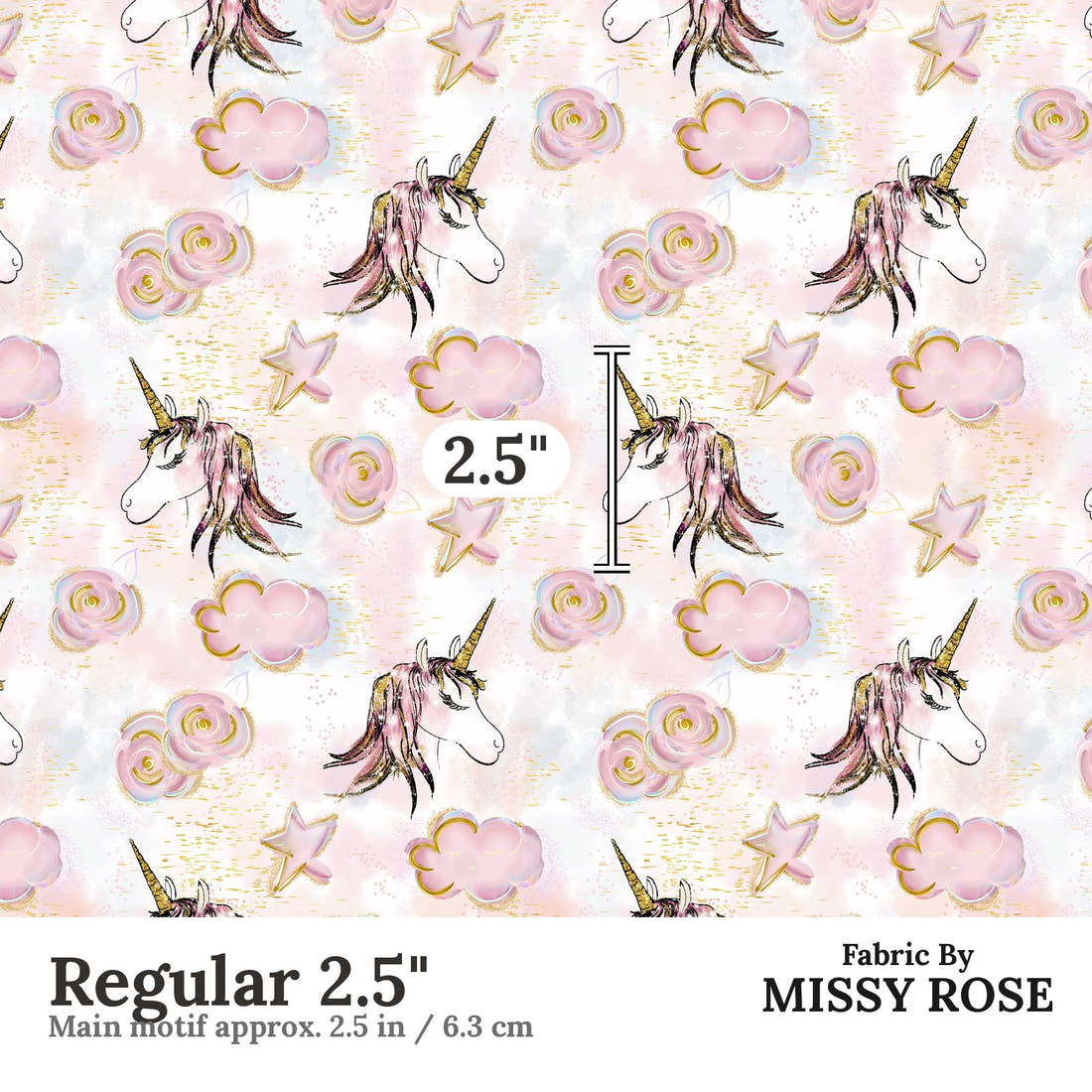 Design 1097 Unicorn Cloud Fabric Regular 2.5 inch print scale guide | Fabric by Missy Rose