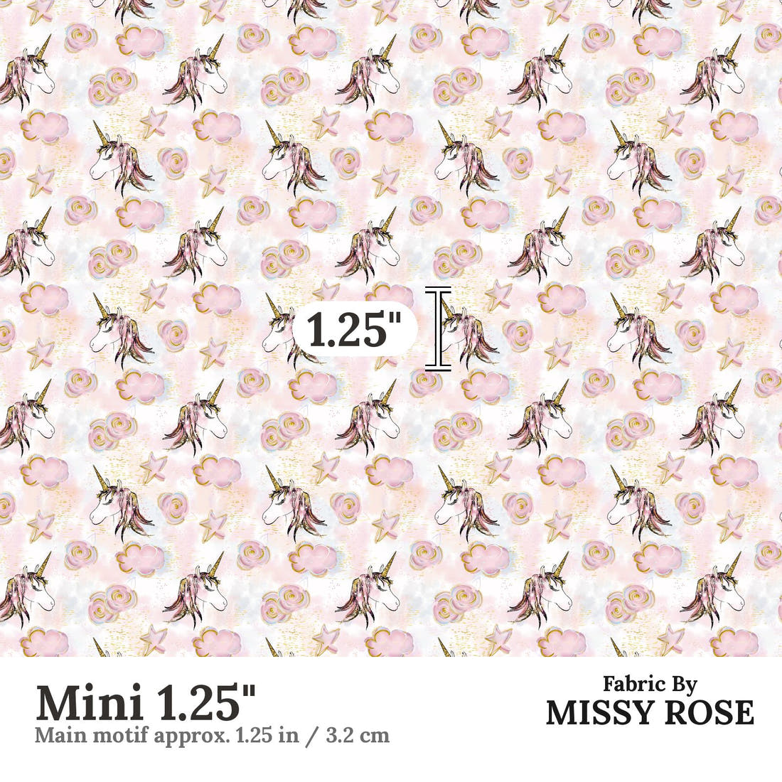 Design 1097 Unicorn Cloud Fabric Mini 1.25 inch print scale guide | Fabric by Missy Rose