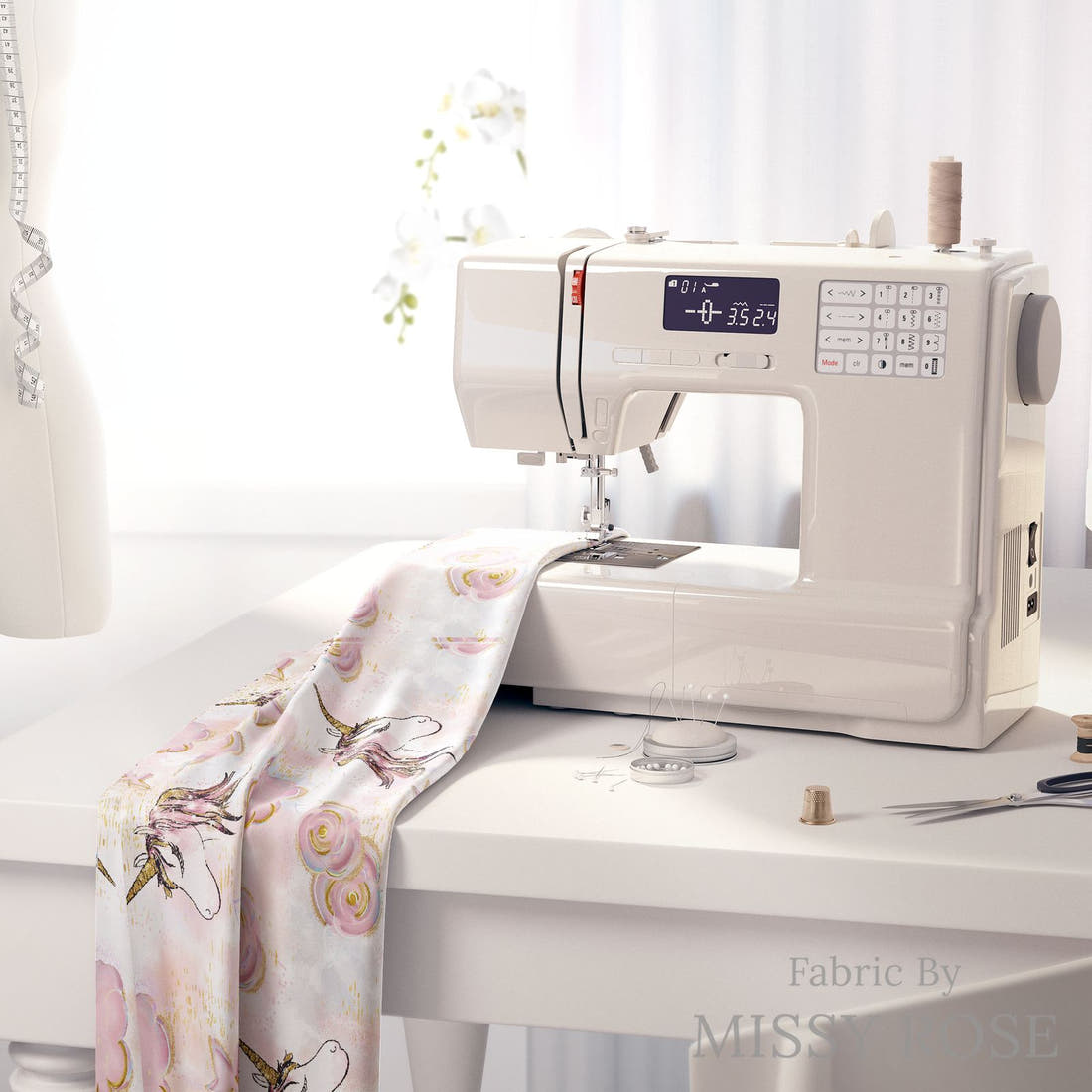 Design 1097 Unicorn Cloud Fabric on a sewing machine – premium fabric for sewing projects | Fabric by Missy Rose