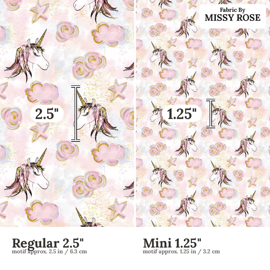 Design 1097 Unicorn Cloud Fabric Regular 2.5 inch vs Mini 1.25 inch print scale side by side | Fabric by Missy Rose