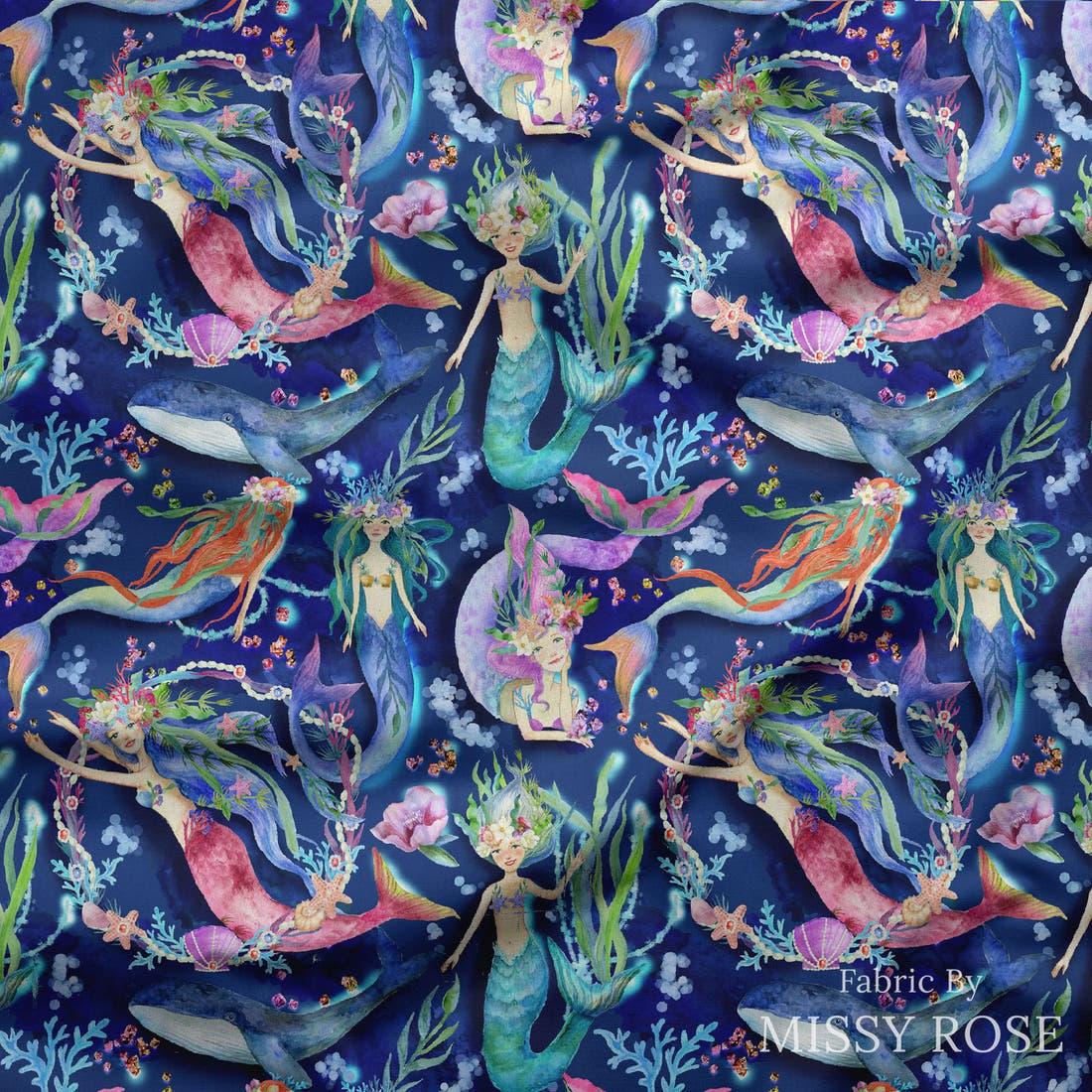 Design 1098 Navy Mermaid Fabric draped fabric mockup – custom printed fabric by the metre | Fabric by Missy Rose