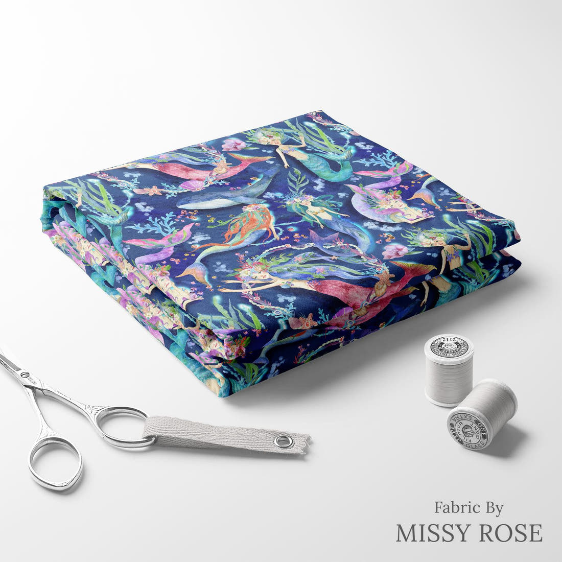 Design 1098 Navy Mermaid Fabric folded fabric stack with matching thread – pre-order fabric Australia | Fabric by Missy Rose