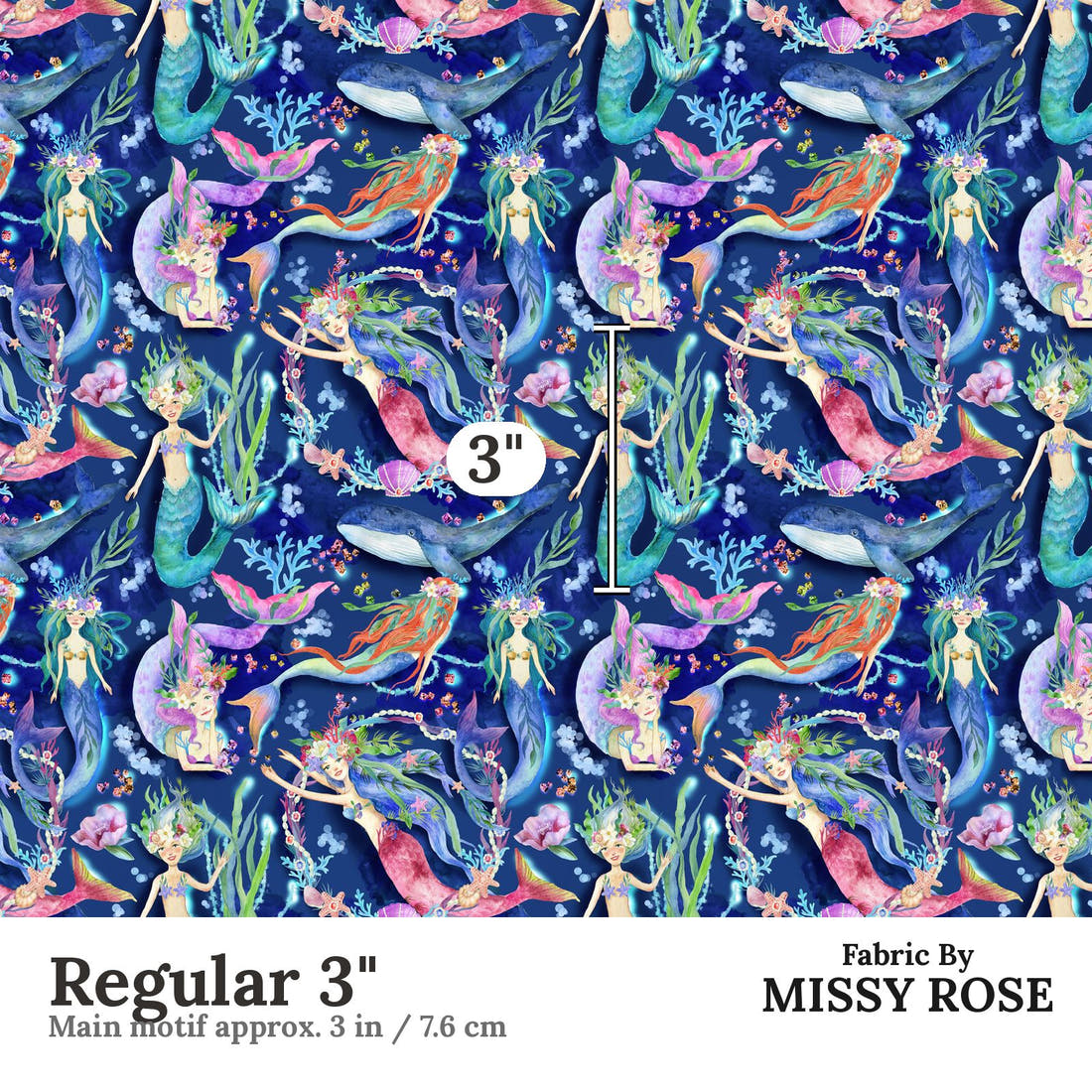 Design 1098 Navy Mermaid Fabric Regular 3 inch print scale guide | Fabric by Missy Rose