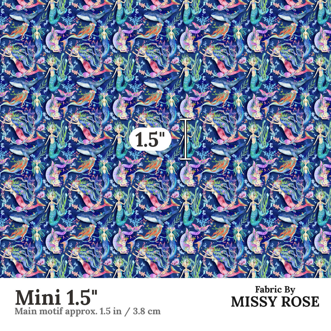 Design 1098 Navy Mermaid Fabric Mini 1.5 inch print scale guide | Fabric by Missy Rose