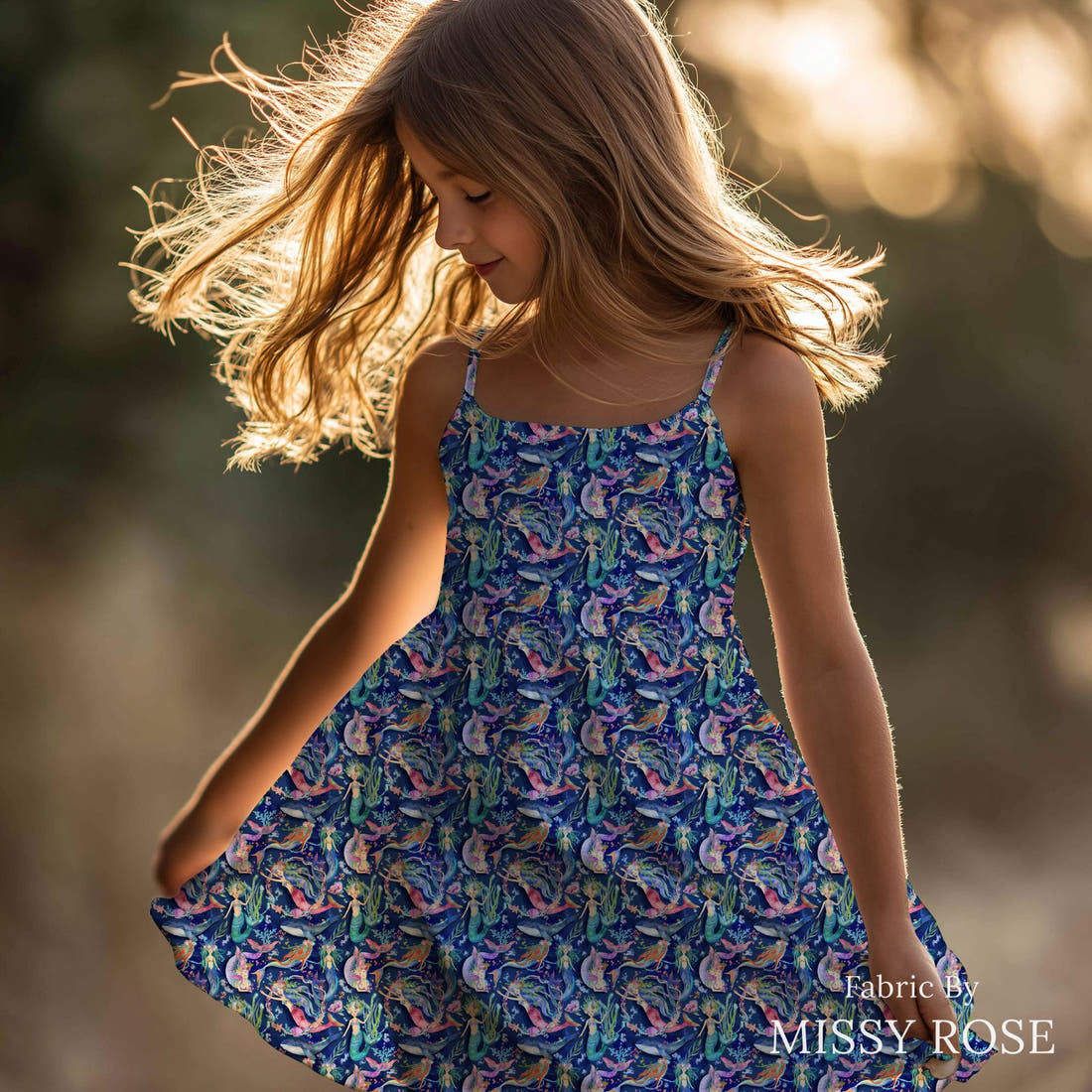 Design 1098 Navy Mermaid Fabric sewn into a girls' dress – see how the print looks made up | Fabric by Missy Rose