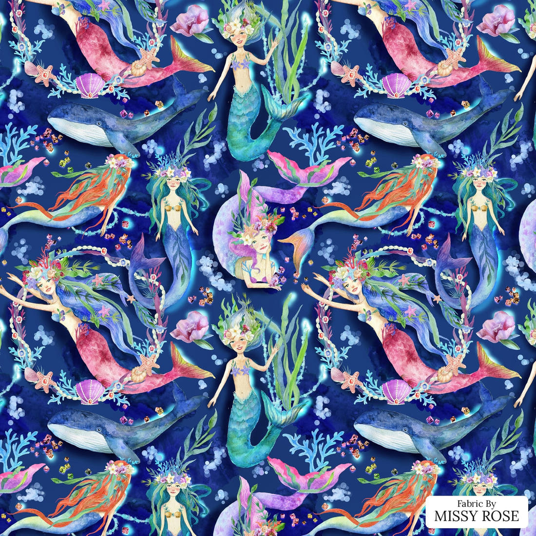 Design 1098 Navy Mermaid Fabric – flat view of the print, zoom in for detail | Fabric by Missy Rose