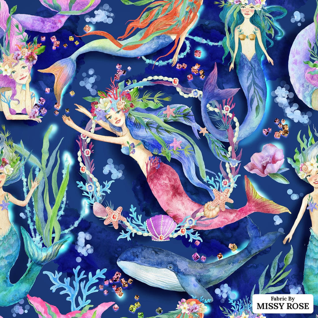 Design 1098 Navy Mermaid Fabric – flat view of the print, zoom in for detail | Fabric by Missy Rose