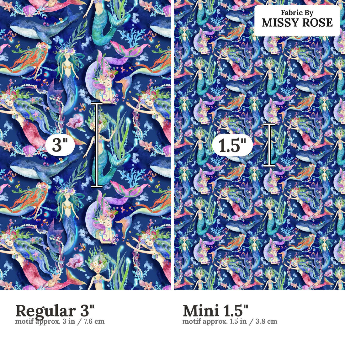 Design 1098 Navy Mermaid Fabric Regular 3 inch vs Mini 1.5 inch print scale side by side | Fabric by Missy Rose