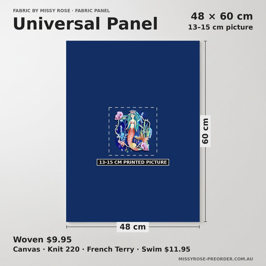 Design 1098 Navy Mermaid Panel universal panel sizing – 13–15 cm printed picture on 48 × 60 cm fabric | Fabric by Missy Rose