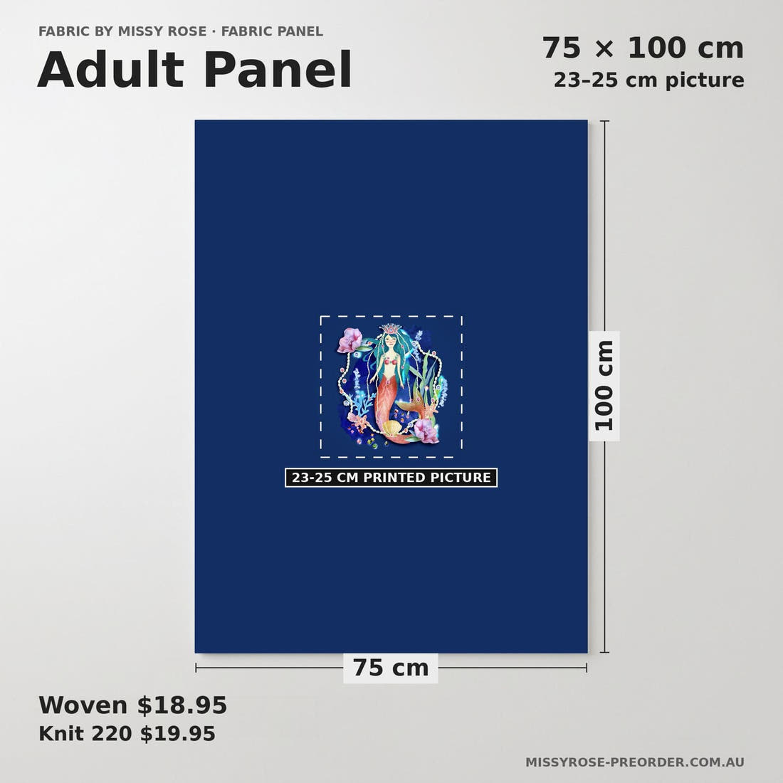 Design 1098 Navy Mermaid Panel adult panel sizing – 23–25 cm printed picture on 75 × 100 cm fabric | Fabric by Missy Rose