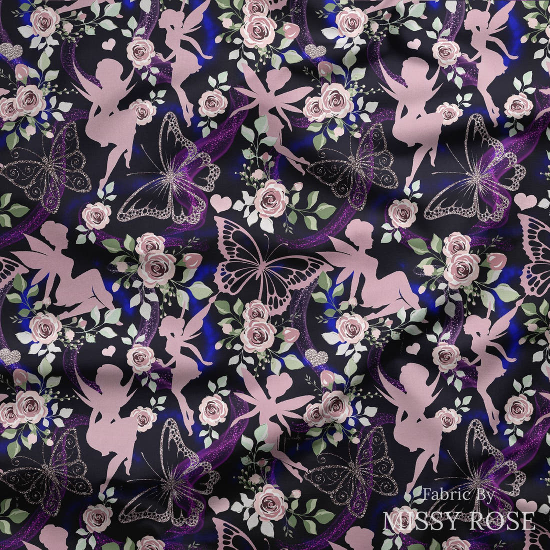 Design 1099 Fairy Fabric draped fabric mockup – custom printed fabric by the metre | Fabric by Missy Rose