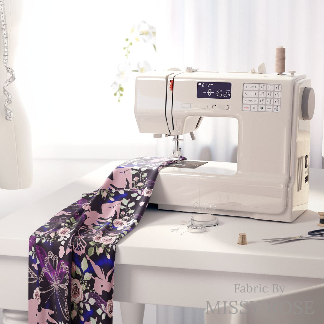 Design 1099 Fairy Fabric on a sewing machine – premium fabric for sewing projects | Fabric by Missy Rose