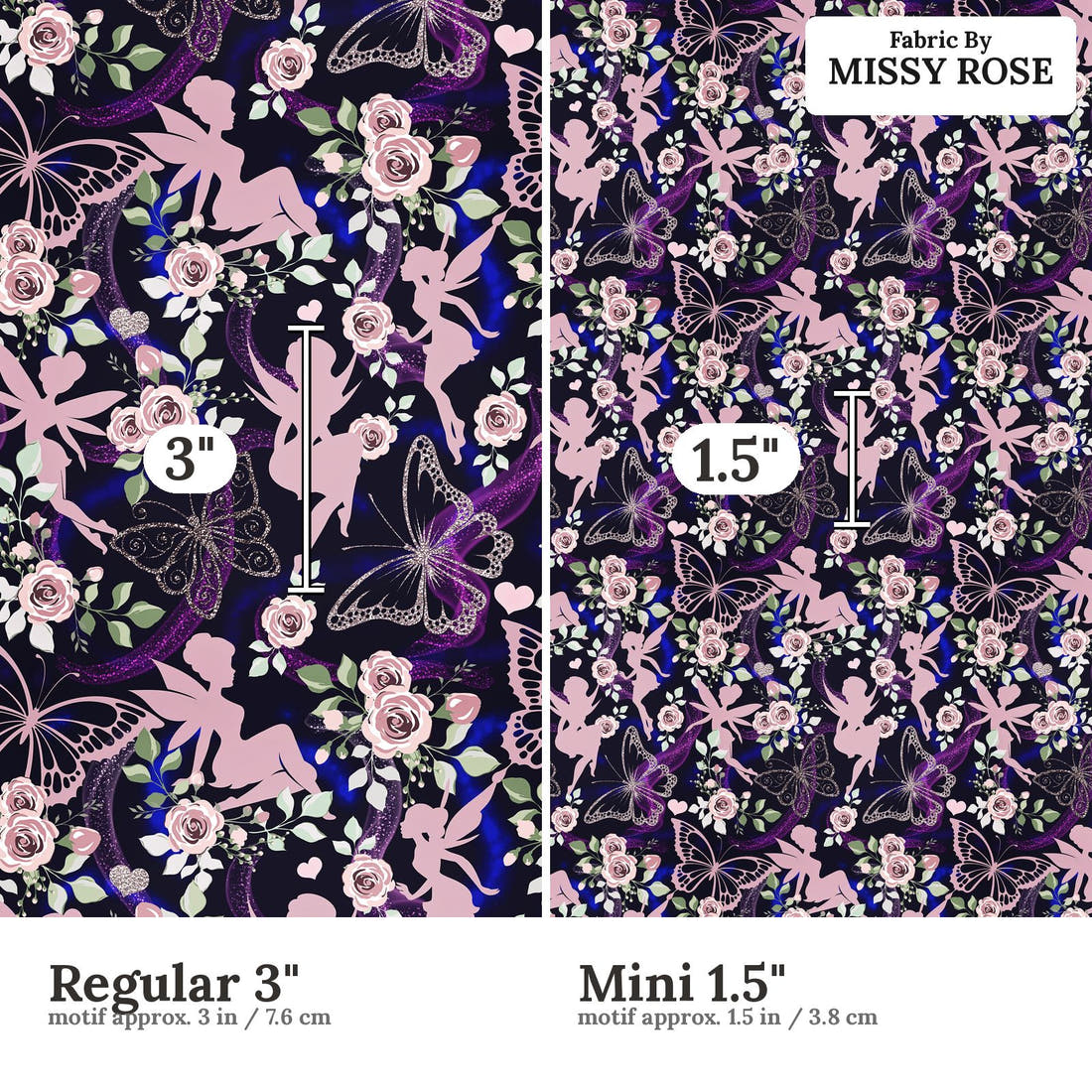 Design 1099 Fairy Fabric Regular 3 inch vs Mini 1.5 inch print scale side by side | Fabric by Missy Rose