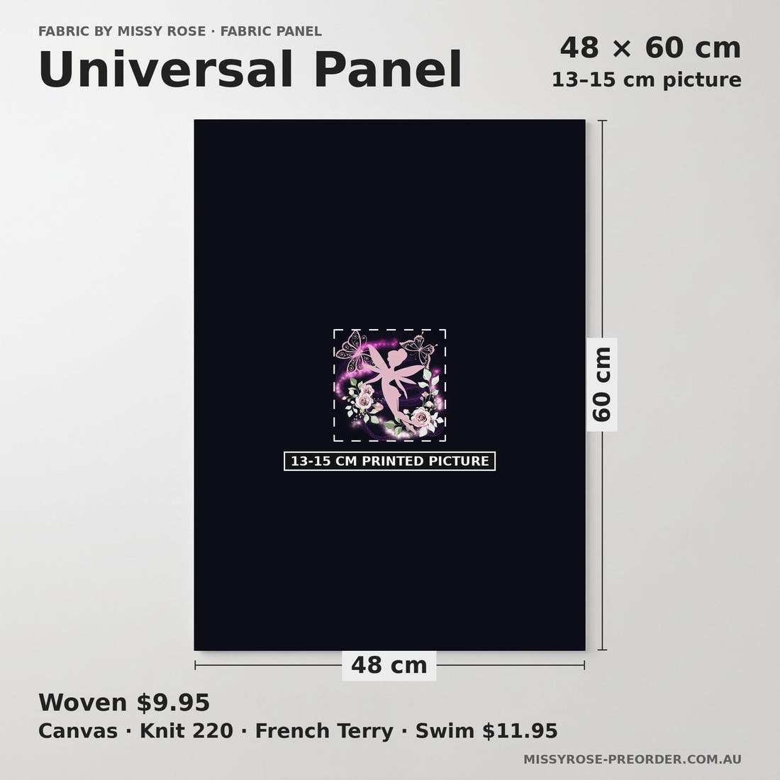 Design 1099 Fairy Panel universal panel sizing – 13–15 cm printed picture on 48 × 60 cm fabric | Fabric by Missy Rose