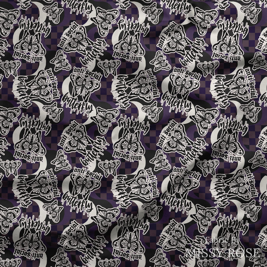Design 11 Antisocial Butterfly Fabric draped fabric mockup – custom printed fabric by the metre | Fabric by Missy Rose