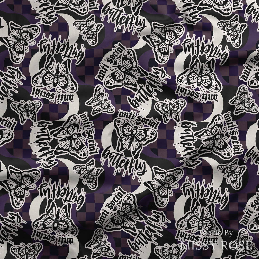 Design 11 Antisocial Butterfly Fabric draped fabric mockup – custom printed fabric by the metre | Fabric by Missy Rose
