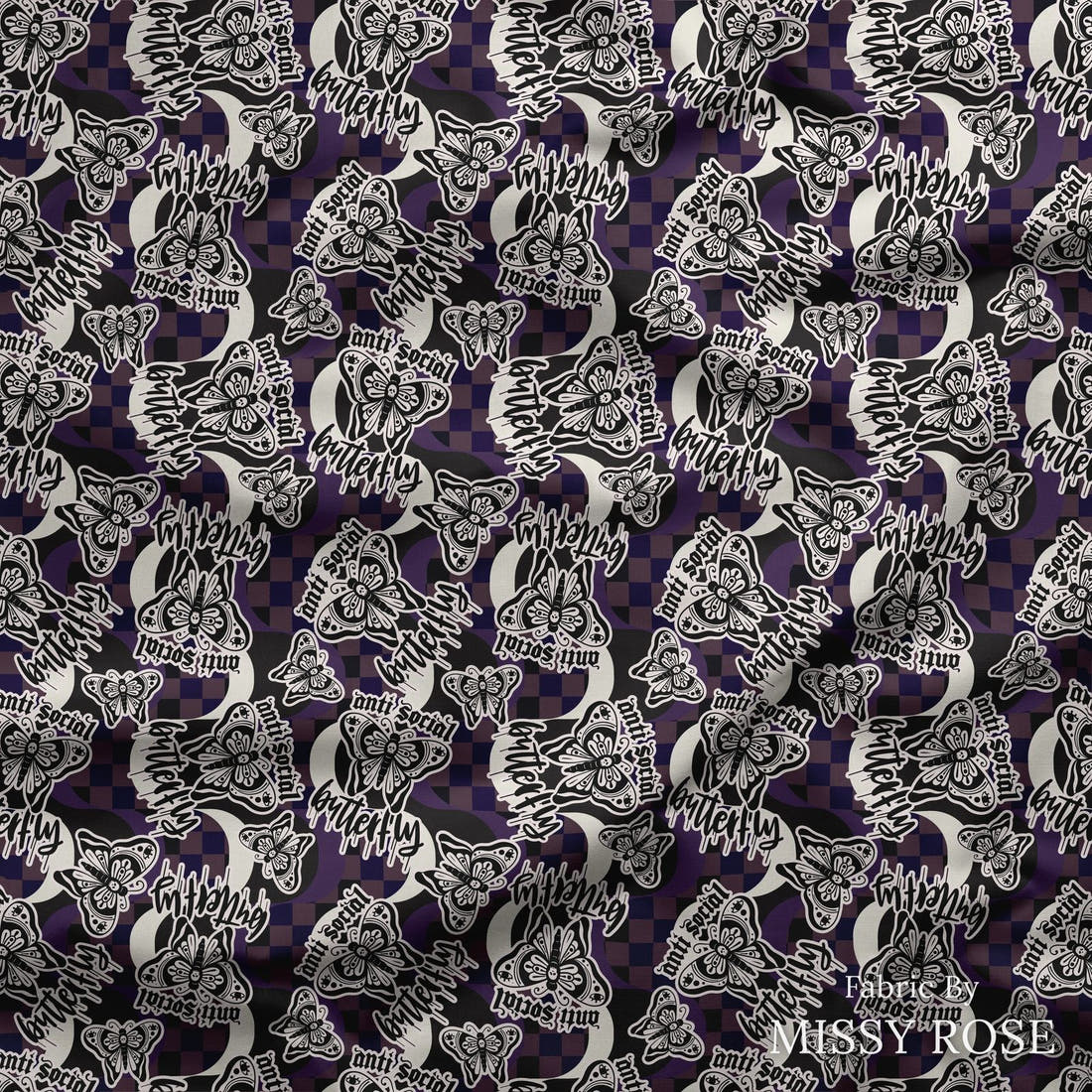 Design 11 Antisocial Butterfly Fabric draped fabric mockup – custom printed fabric by the metre | Fabric by Missy Rose