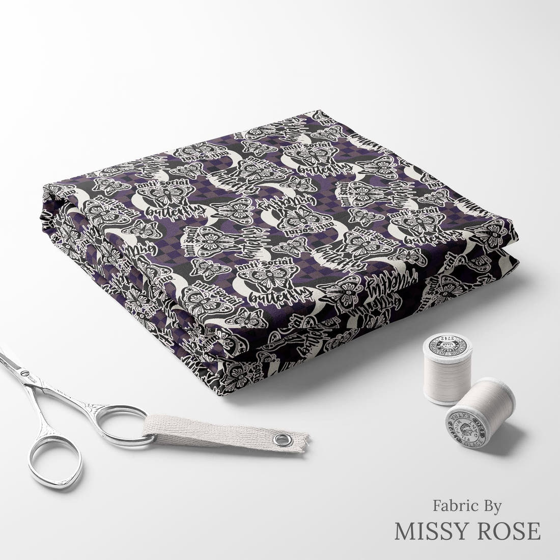 Design 11 Antisocial Butterfly Fabric folded fabric stack with matching thread – pre-order fabric Australia | Fabric by Missy Rose