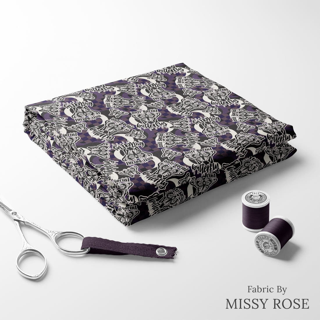 Design 11 Antisocial Butterfly Fabric folded fabric stack with matching thread – pre-order fabric Australia | Fabric by Missy Rose