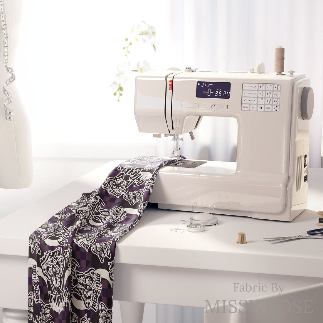 Design 11 Antisocial Butterfly Fabric on a sewing machine – premium fabric for sewing projects | Fabric by Missy Rose