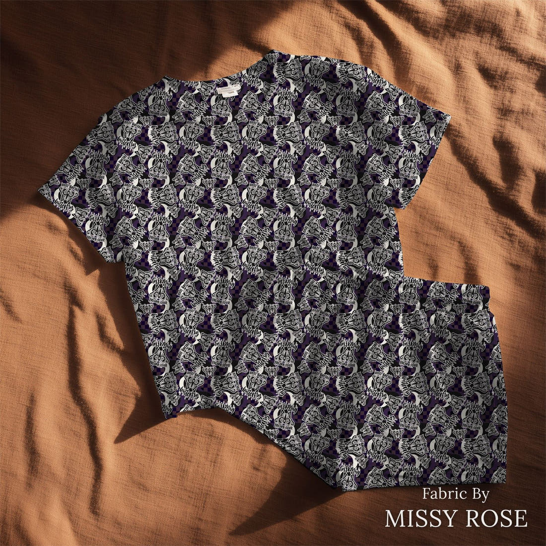 Design 11 Antisocial Butterfly Fabric sewn into a lounge set – see how the print looks made up | Fabric by Missy Rose