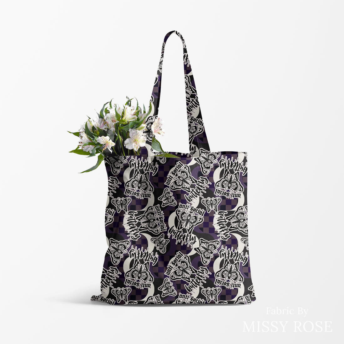Design 11 Antisocial Butterfly Fabric made up as a tote bag – see how the print looks made up | Fabric by Missy Rose