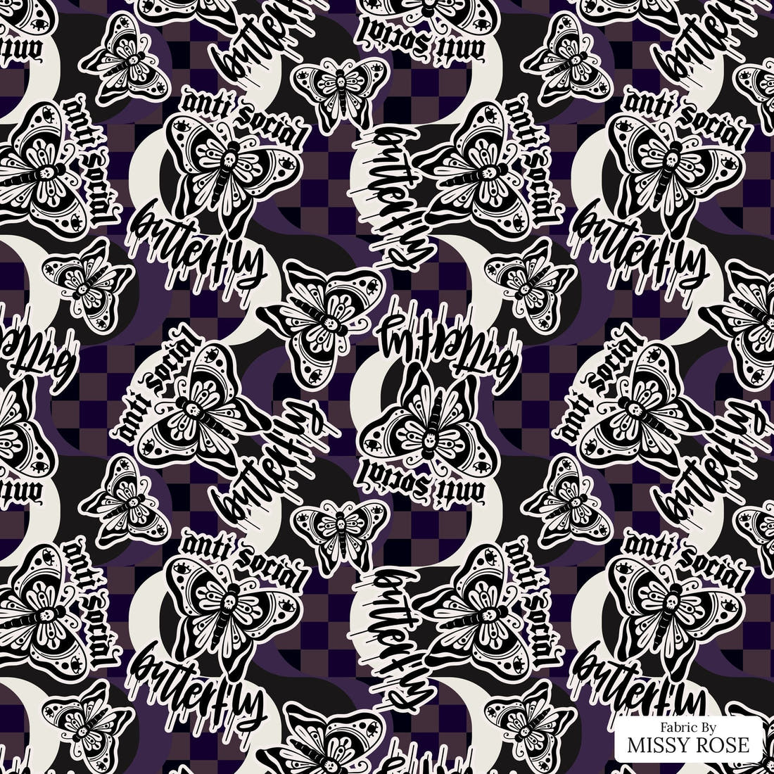Design 11 Antisocial Butterfly Fabric - flat view of the print, zoom in for detail | Fabric by Missy Rose
