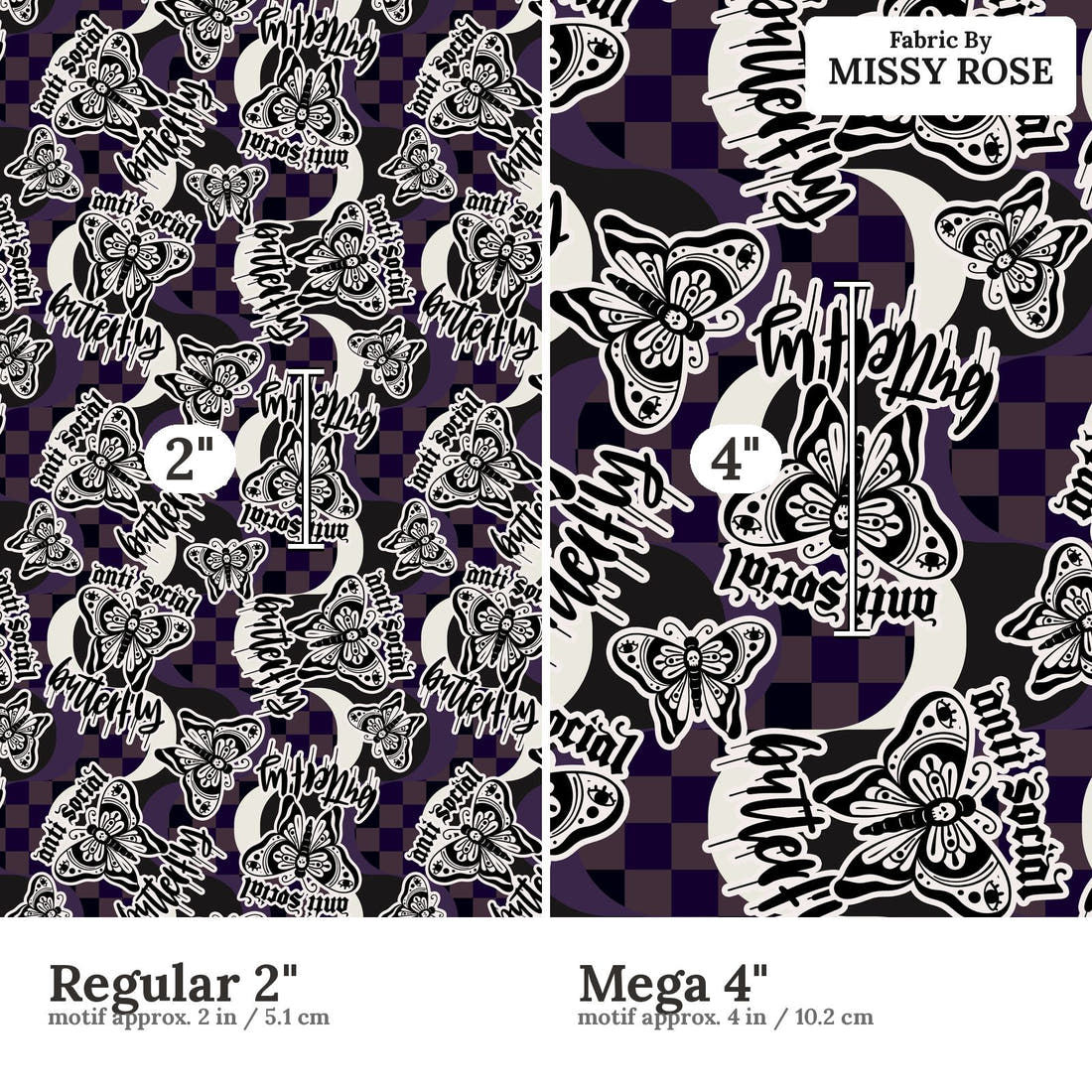 Design 11 Antisocial Butterfly Fabric size comparison - print scale | Fabric by Missy Rose