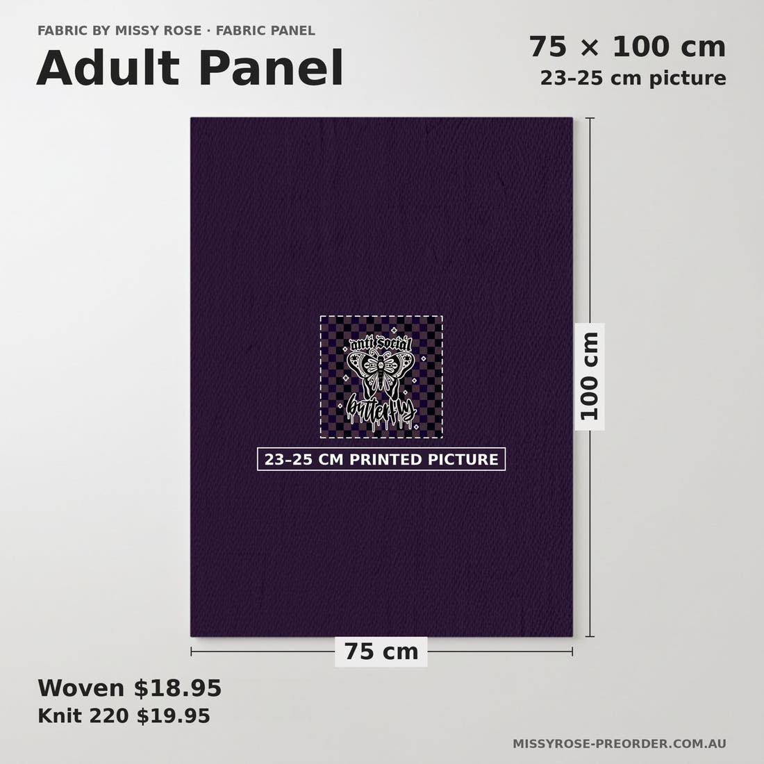 Design 11 Antisocial Butterfly Panel adult panel sizing – 23–25 cm printed picture on 75 × 100 cm fabric | Fabric by Missy Rose