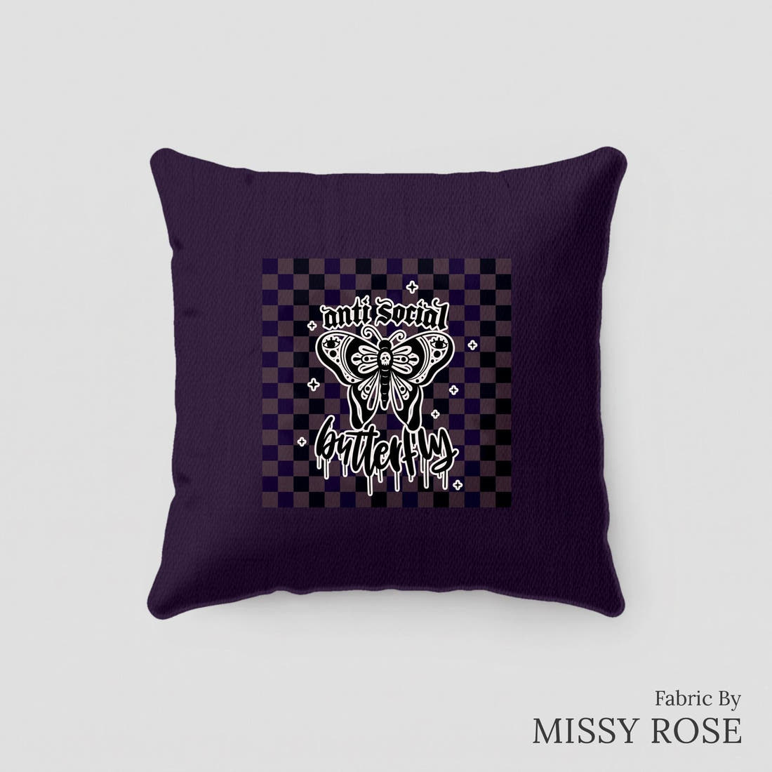 Design 11 Antisocial Butterfly Panel sewn into a cushion – see how the panel looks made up | Fabric by Missy Rose