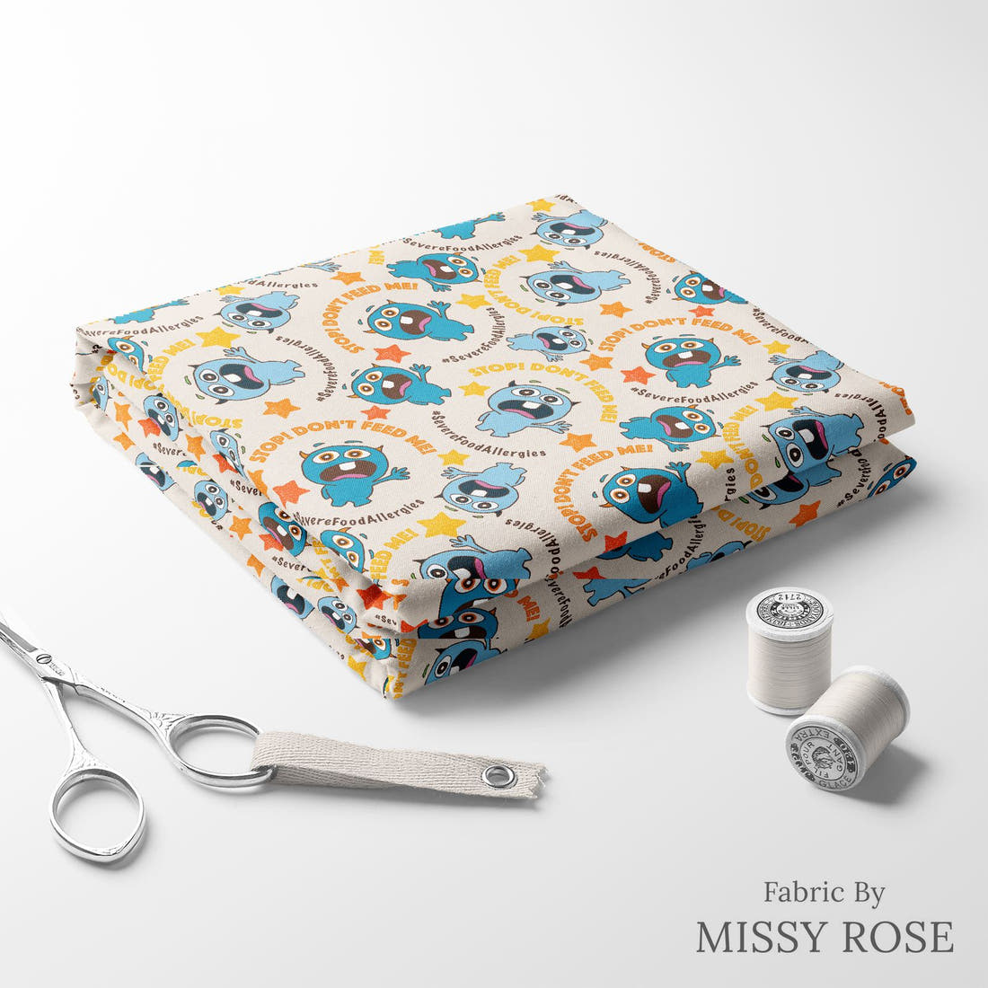 Design 110 Food Allergies Fabric folded fabric stack with matching thread – pre-order fabric Australia | Fabric by Missy Rose