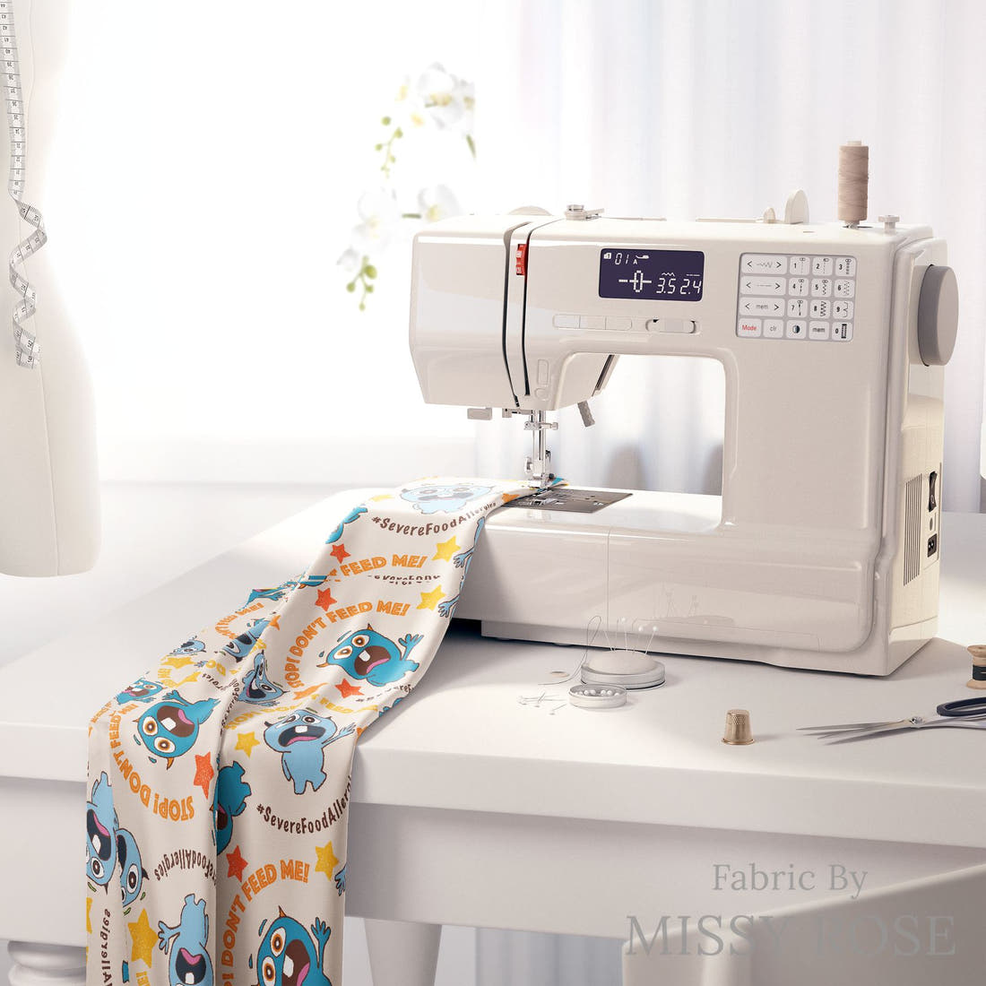 Design 110 Food Allergies Fabric on a sewing machine – premium fabric for sewing projects | Fabric by Missy Rose