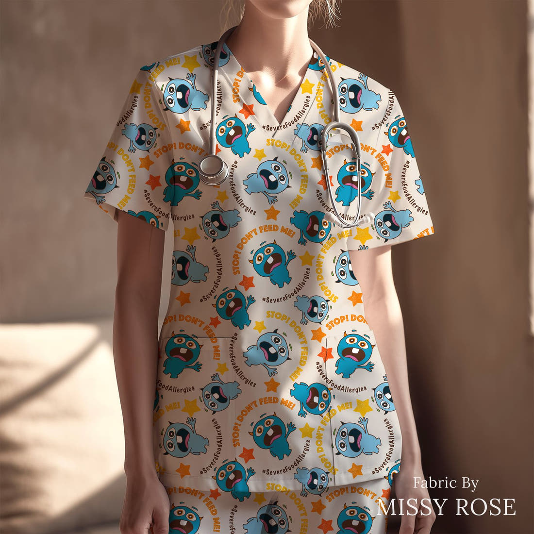 Design 110 Food Allergies Fabric sewn into a scrubs top – see how the print looks made up | Fabric by Missy Rose