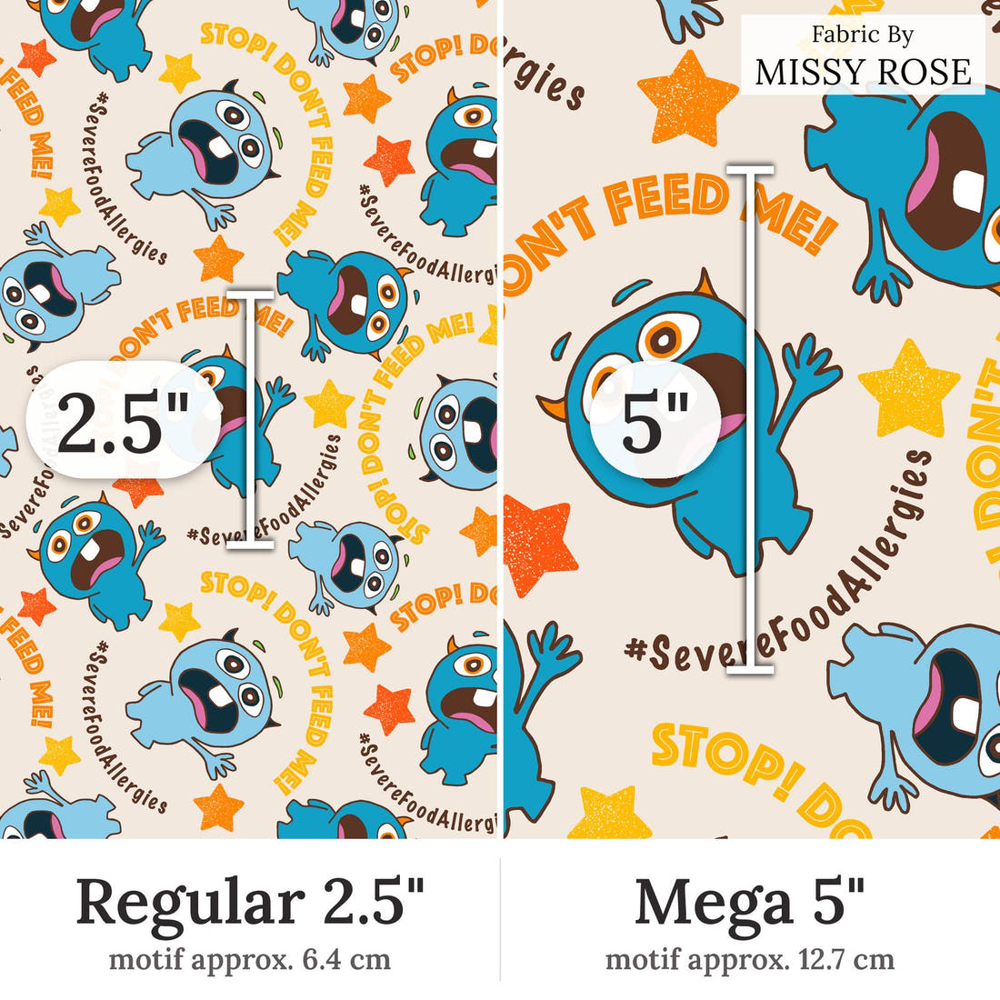 Design 110 Food Allergies Fabric Regular 2.5 inch vs Mega 5 inch print scale side by side | Fabric by Missy Rose