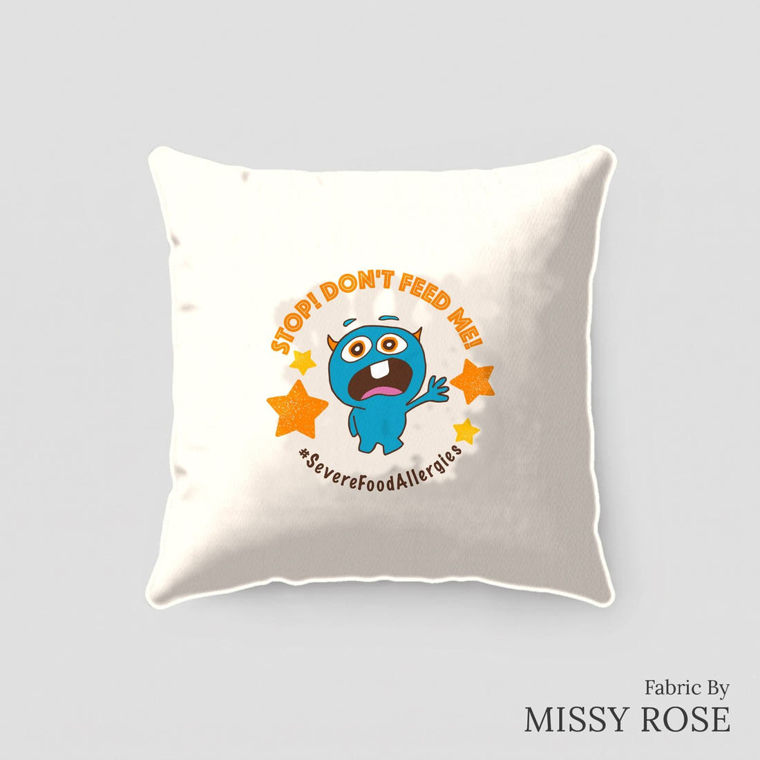 Design 110 Food Allergies Panel sewn into a cushion – see how the panel looks made up | Fabric by Missy Rose