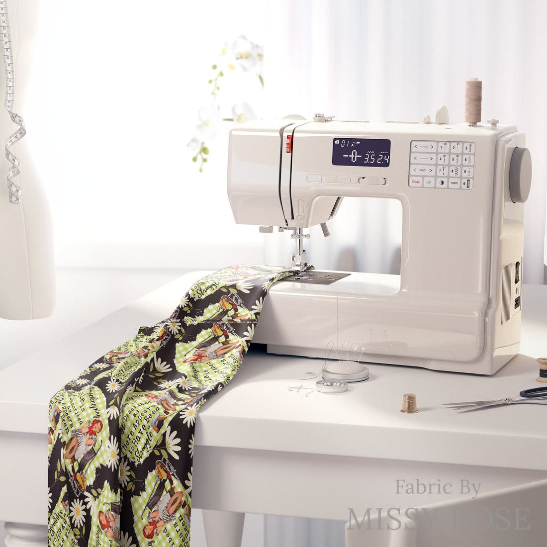 Design 1100 Housekeeper Fabric on a sewing machine – premium fabric for sewing projects | Fabric by Missy Rose