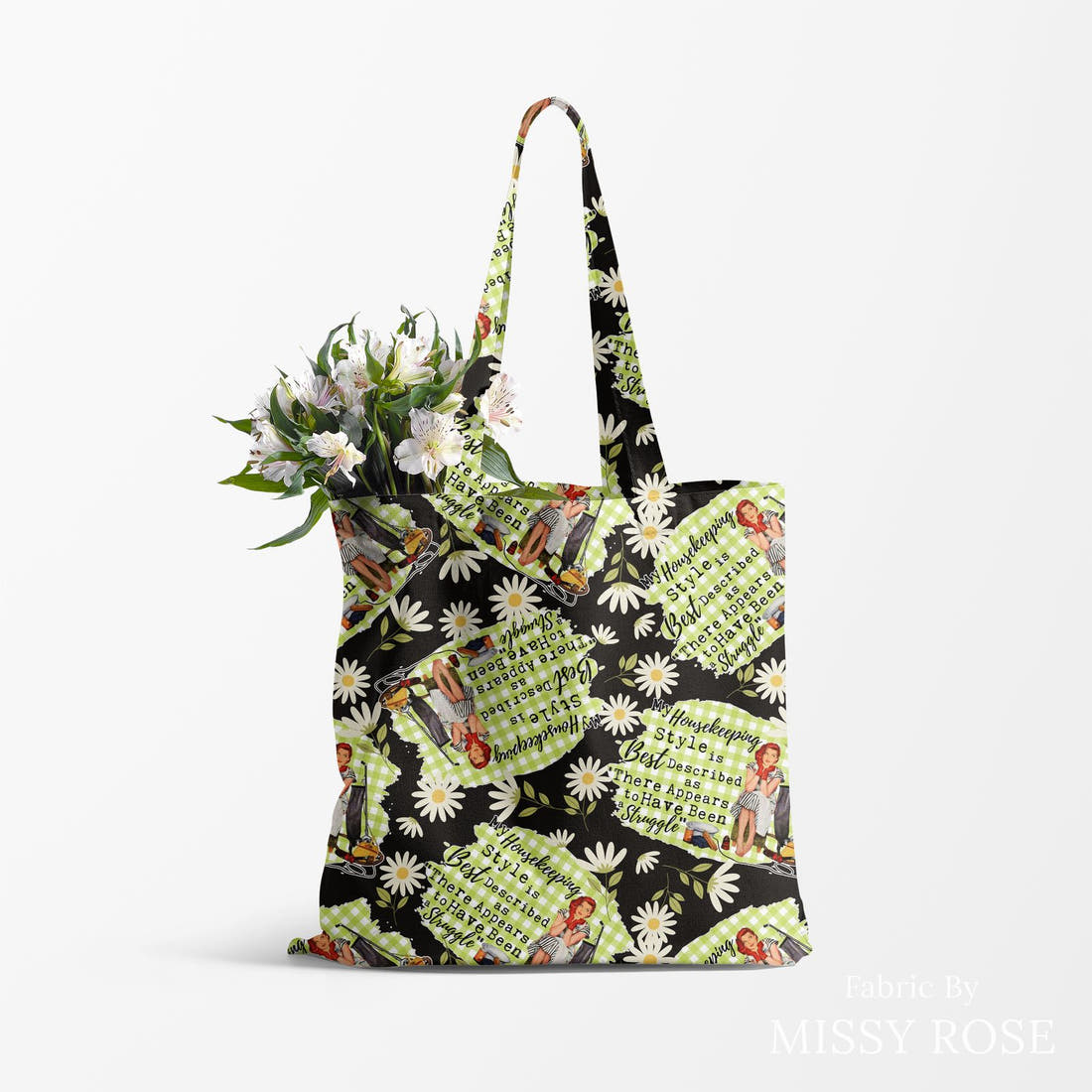 Design 1100 Housekeeper Fabric made up as a tote bag – see how the print looks made up | Fabric by Missy Rose
