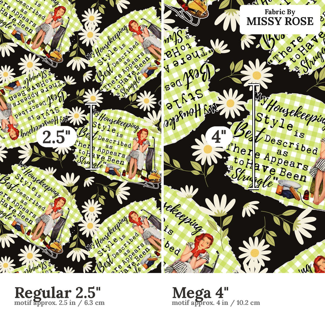 Design 1100 Housekeeper Fabric Regular 2.5 inch vs Mega 4 inch print scale side by side | Fabric by Missy Rose