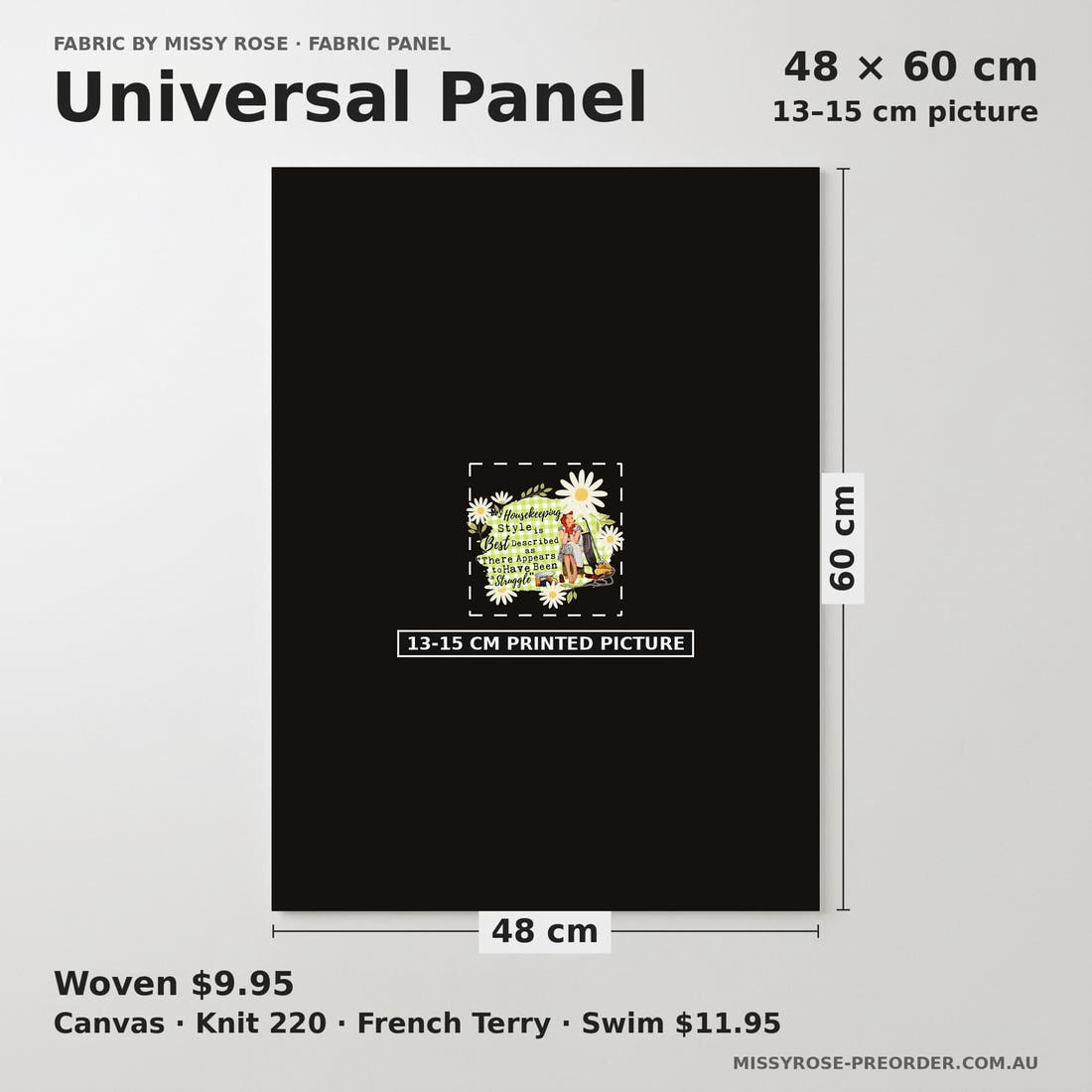 Design 1100 Housekeeper Panel universal panel sizing – 13–15 cm printed picture on 48 × 60 cm fabric | Fabric by Missy Rose