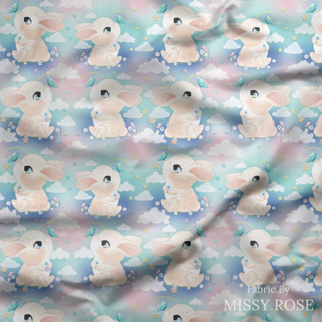 Design 1101 Cute Bunny Fabric draped fabric mockup – custom printed fabric by the metre | Fabric by Missy Rose