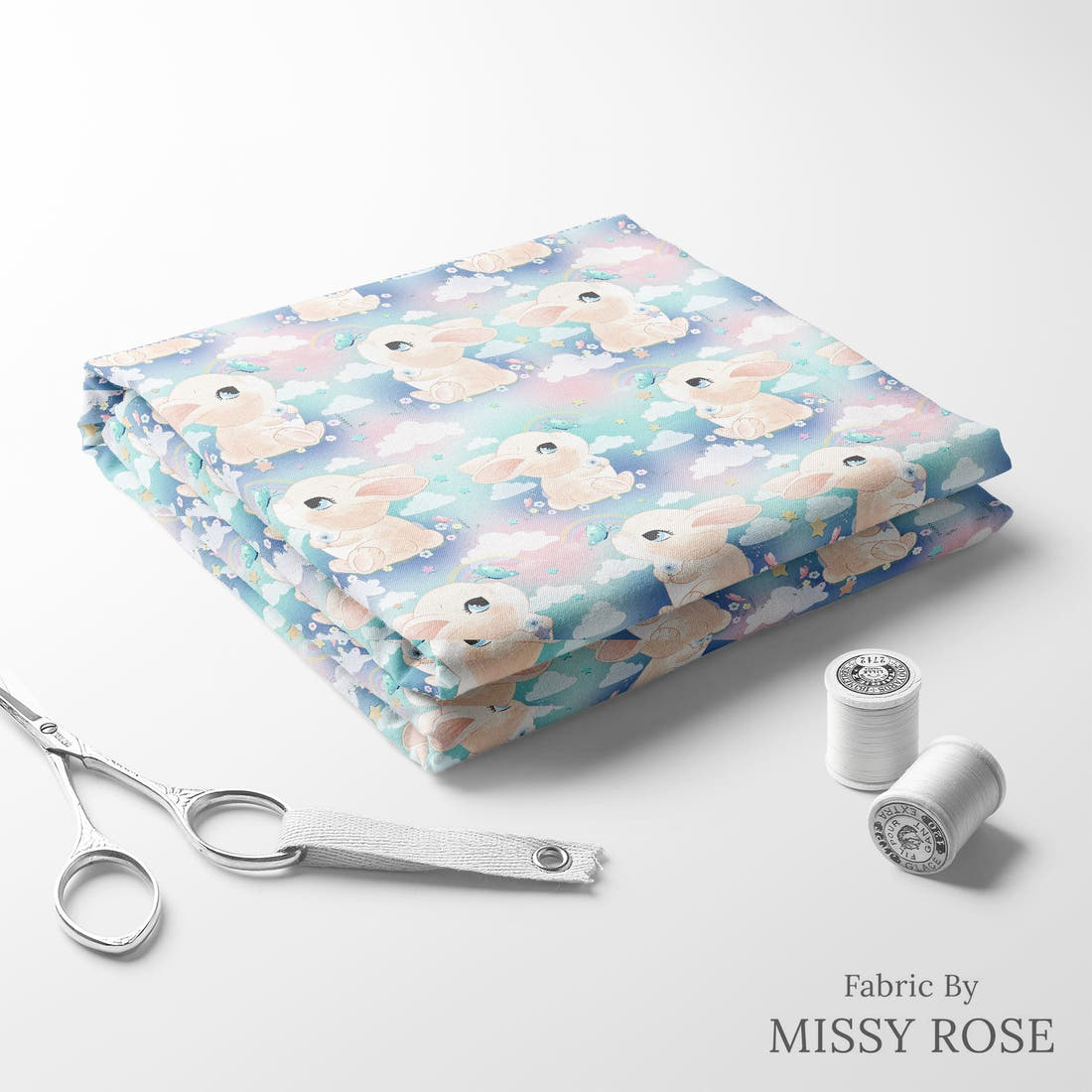 Design 1101 Cute Bunny Fabric folded fabric stack with matching thread – pre-order fabric Australia | Fabric by Missy Rose