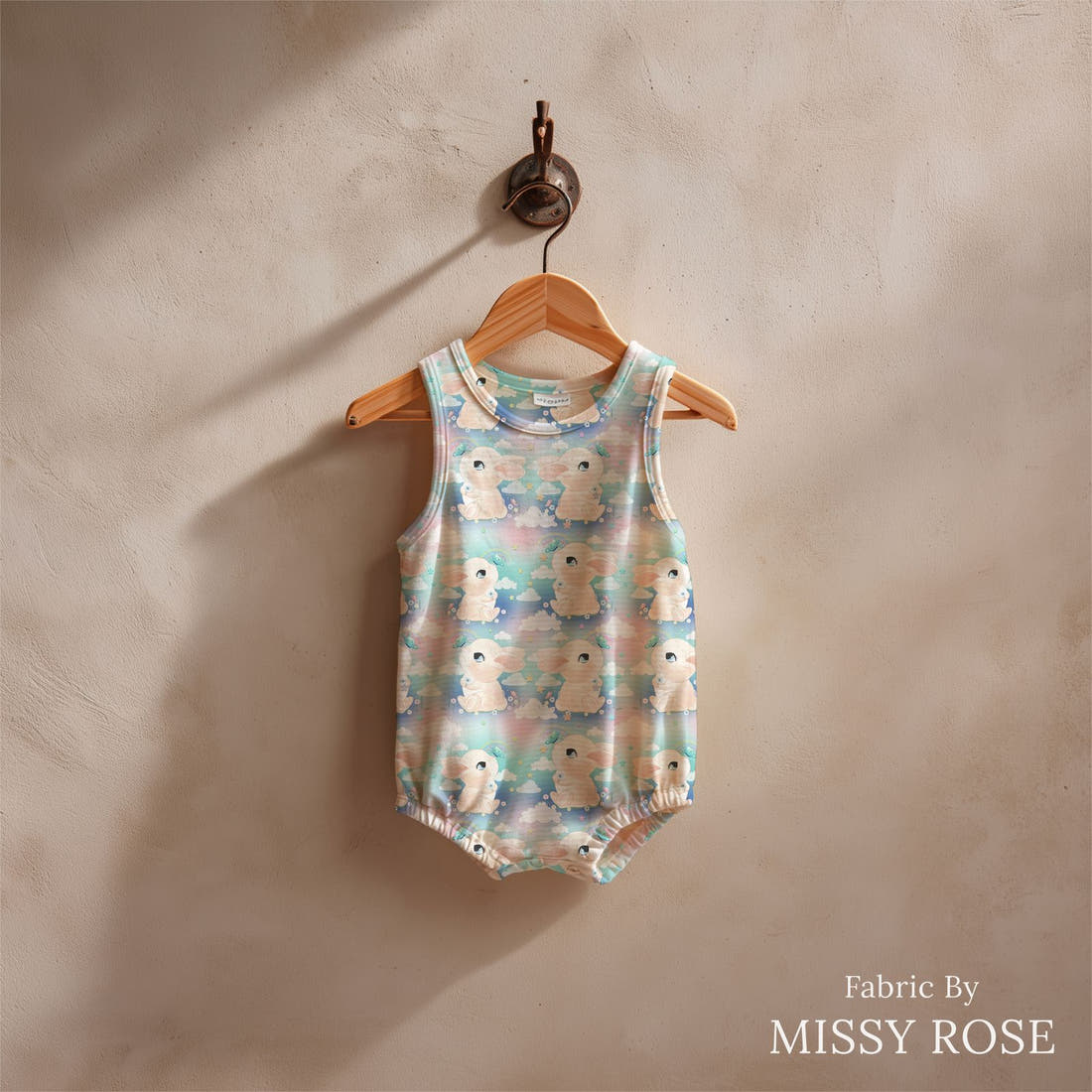 Design 1101 Cute Bunny Fabric sewn into a baby romper – see how the print looks made up | Fabric by Missy Rose