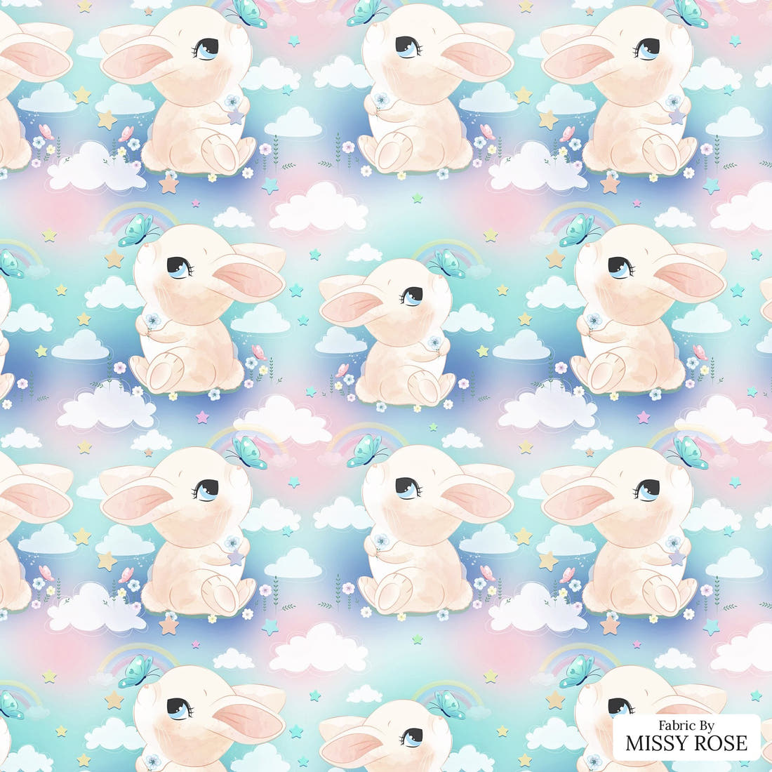 Design 1101 Cute Bunny Fabric – flat view of the print, zoom in for detail | Fabric by Missy Rose