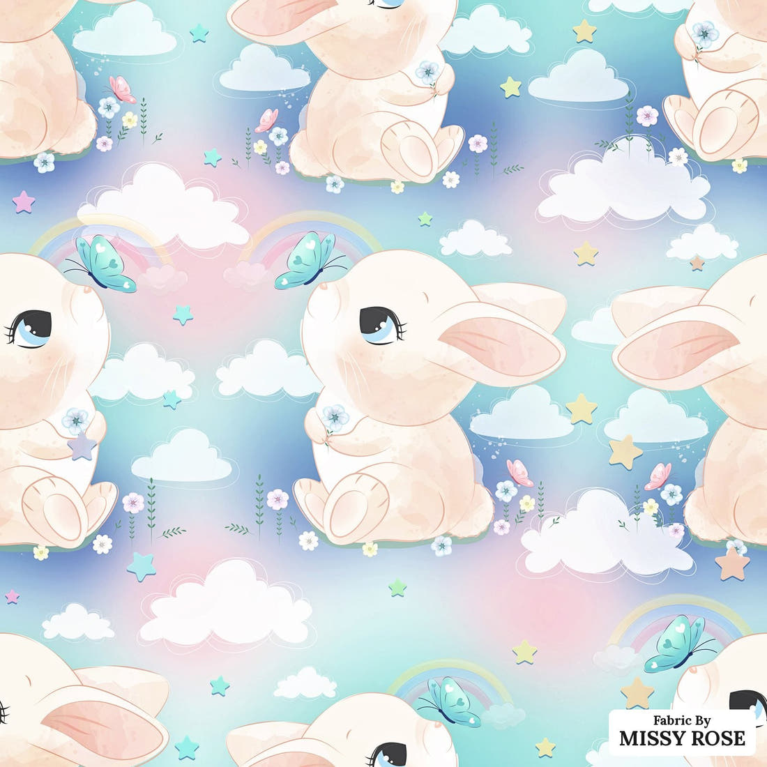Design 1101 Cute Bunny Fabric – flat view of the print, zoom in for detail | Fabric by Missy Rose