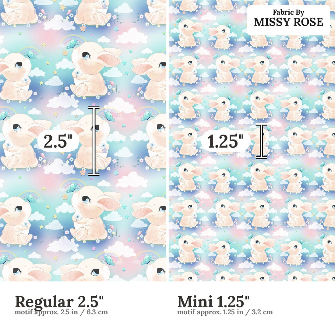 Design 1101 Cute Bunny Fabric Regular 2.5 inch vs Mini 1.25 inch print scale side by side | Fabric by Missy Rose