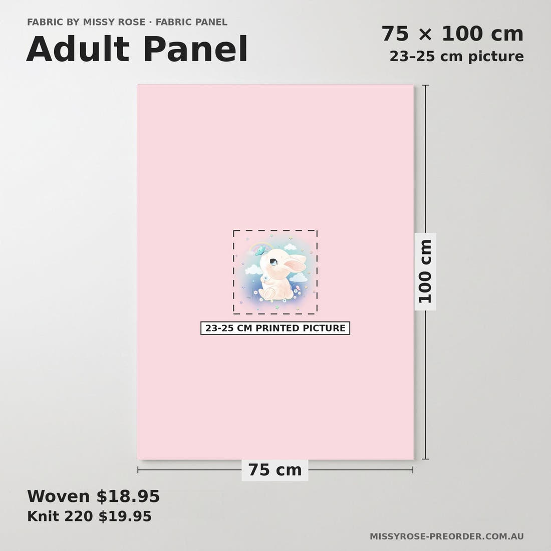 Design 1101 Cute Bunny Panel adult panel sizing – 23–25 cm printed picture on 75 × 100 cm fabric | Fabric by Missy Rose