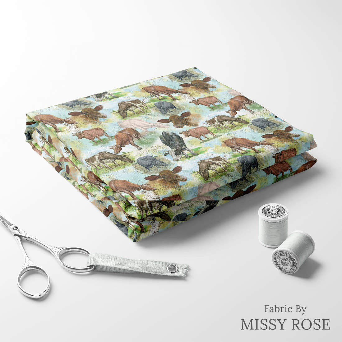 Design 1102 Blue Cow Fabric folded fabric stack with matching thread – pre-order fabric Australia | Fabric by Missy Rose