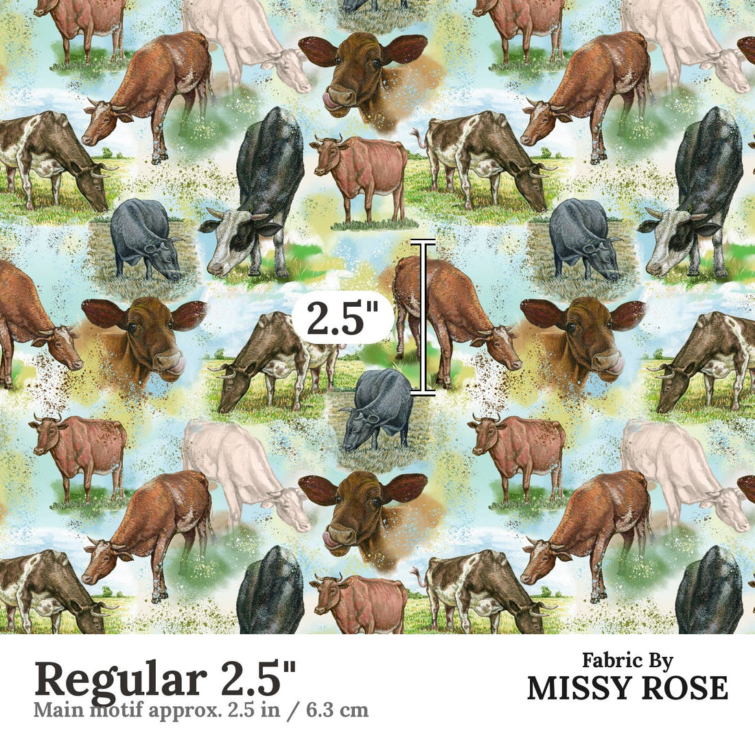 Design 1102 Blue Cow Fabric Regular 2.5 inch print scale guide | Fabric by Missy Rose